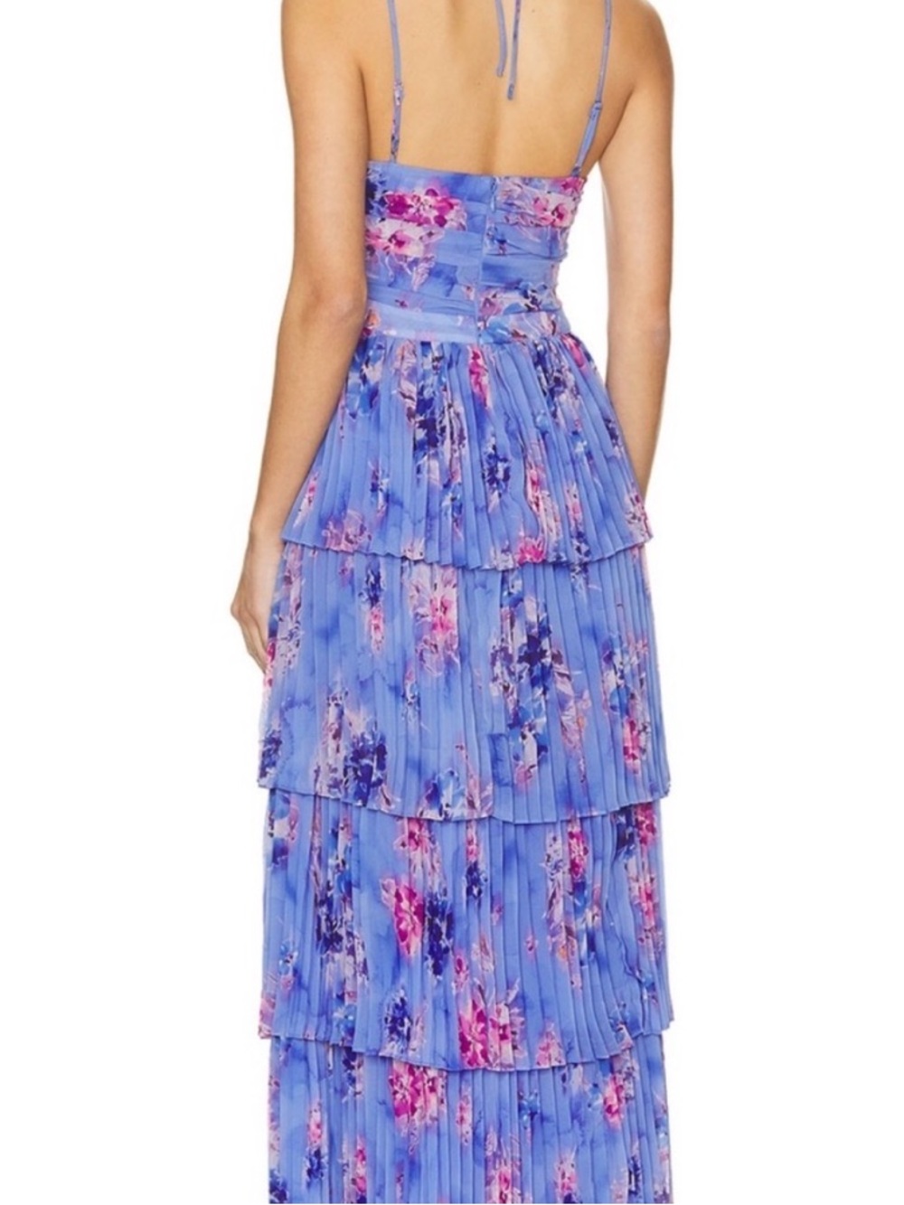 ASTR Tiered Floral Maxi Dress in Periwinkle and Pink